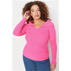 Trendyol Curve Fuşya Kayık Yaka Triko Bluz TBBAW23AN00126