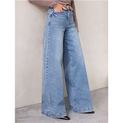 Широкие джинсы с декоративной стиркой из эластичного плотного денима