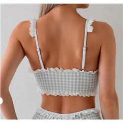 2pcs/Set Women's Green Plaid Random Floral Print Bowknot Collar Ruffle Hem Top And Shorts Set, Cute Minimalist Vest Bikini Outfit For Daily Wear For Summer Beach Vacation