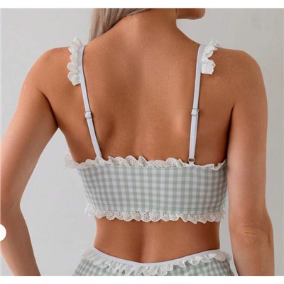 2pcs/Set Women's Green Plaid Random Floral Print Bowknot Collar Ruffle Hem Top And Shorts Set, Cute Minimalist Vest Bikini Outfit For Daily Wear For Summer Beach Vacation