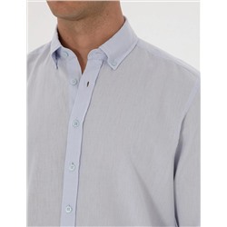 Açık Mavi Keten Karışımlı Regular Fit Uzun Kollu Gömlek