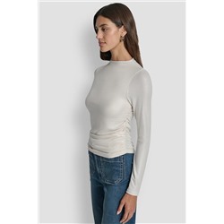 SIDE RUCHED HIGH NECK LONG SLEEVE TOP
