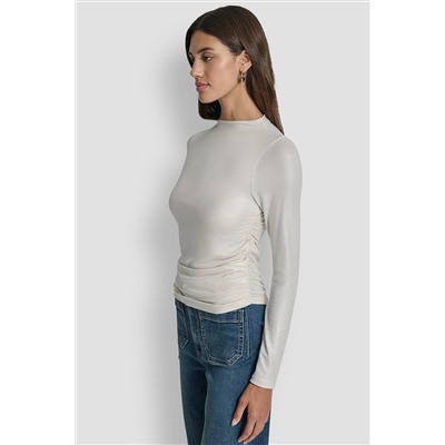 SIDE RUCHED HIGH NECK LONG SLEEVE TOP