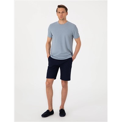 Lacivert Slim Fit Beli Lastikli Bağcıklı Dokuma Şort
