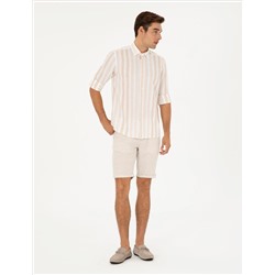 Bej Slim Fit Keten Karışımlı Dokuma Şort