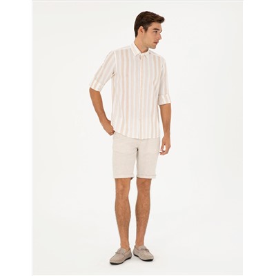 Bej Slim Fit Keten Karışımlı Dokuma Şort