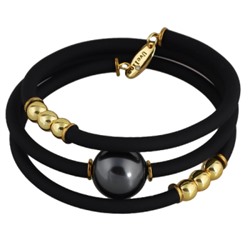 Браслет Гевея (Майорка 16мм темно-серая, каучук черный; покрытие золото), Есть комплект