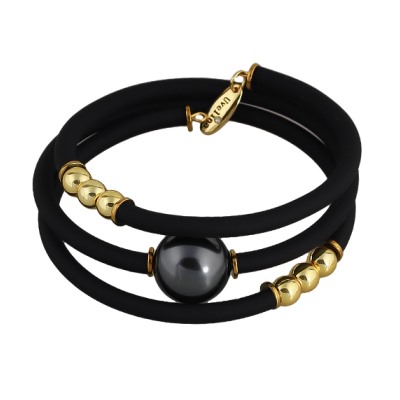 Браслет Гевея (Майорка 16мм темно-серая, каучук черный; покрытие золото), Есть комплект