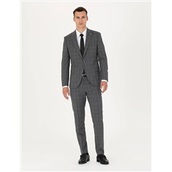 Füme Ekose Ekstra Slim Fit Yün Karışımlı Takım Elbise
