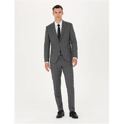 Füme Ekose Ekstra Slim Fit Yün Karışımlı Takım Elbise