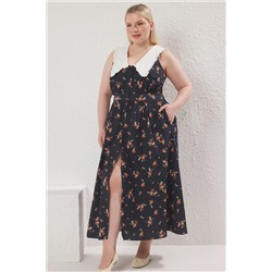 Trendyol Curve Çok Renkli Çiçekli Poplin %100 Pamuk Bebe Yaka Midi Dokuma Büyük Beden Elbise TBBSS25AH00158