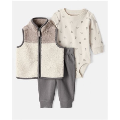 Baby Boy 3-Piece Vest, Bodysuit & Pant Set - Ivory/Grey