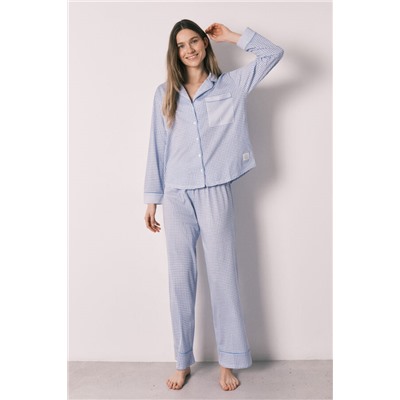 Pijama camisero largo cuadros Vichy azul algodón