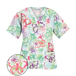 UA Splashy Butterflies White V-Neck Print Scrub Top