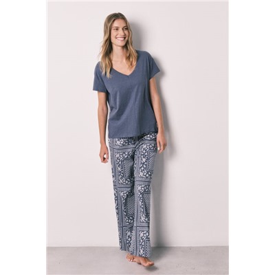 Pijama largo azul manga corta algodón estampado bandana