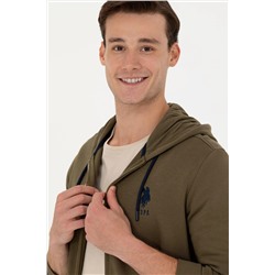 Erkek Haki Kapüşonlu Örme Hırka