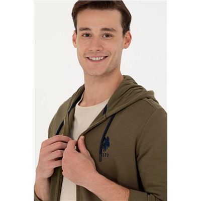 Erkek Haki Kapüşonlu Örme Hırka