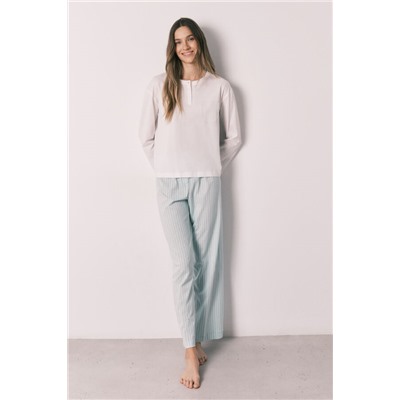 Pijama largo algodón pantalón rayas verde