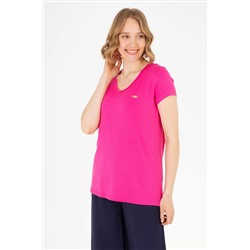 Kadın Fuşya V - Yaka Basic Tişört