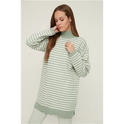TRENDYOL MODEST Mint Yarım Balıkçı Yaka Çizgili Triko Kazak TCTAW22AK0185