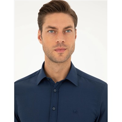 Lacivert Slim Fit Armürlü Uzun Kollu Gömlek