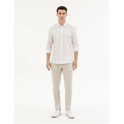 Bej Slim Fit Keten Karışımlı Kanvas Pantolon