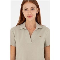 Kadın Haki Kaçık Yaka Basic Tişört