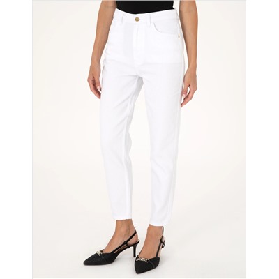Beyaz Mom High Waist Fit Jean Pantolon