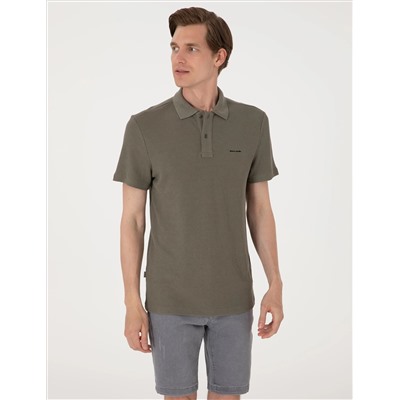 Haki Slim Fit Örme Dokulu Polo Yaka Tişört