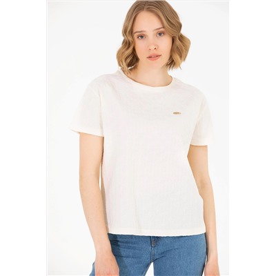 Kadın Krem Bisiklet Yaka Tişört