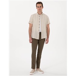 Haki Slim Fit Keten Görünümlü Kanvas Pantolon