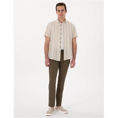 Haki Slim Fit Keten Görünümlü Kanvas Pantolon