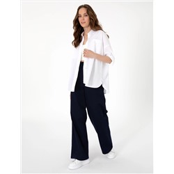 Beyaz Oversize Keten Karışımlı Uzun Kollu Gömlek