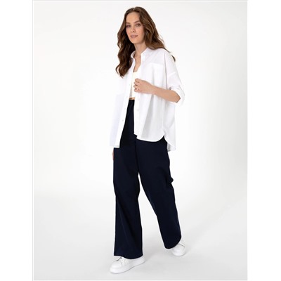 Beyaz Oversize Keten Karışımlı Uzun Kollu Gömlek