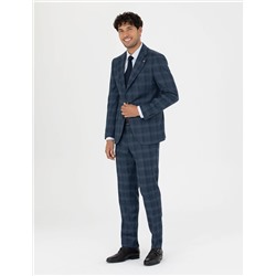 %100 Yün Ekose Lacivert Ekstra Slim Fit Takım Elbise