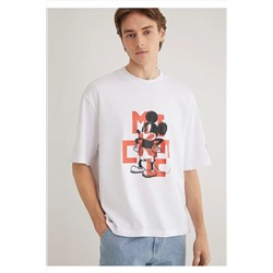 Mavi Mickey Mouse Baskılı Beyaz Tişört Boxy Fit 0612561-620