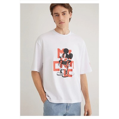 Mavi Mickey Mouse Baskılı Beyaz Tişört Boxy Fit 0612561-620