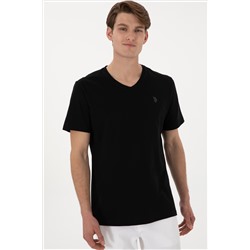 Erkek Regular Fit V Yaka Siyah Basic Tişört