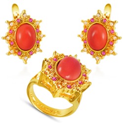 Комплект (коралл, кристаллы микс; покрытие золото)