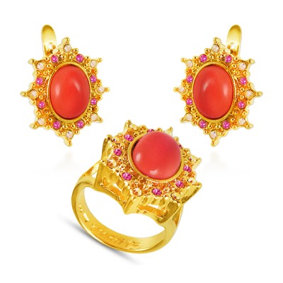 Комплект (коралл, кристаллы микс; покрытие золото)