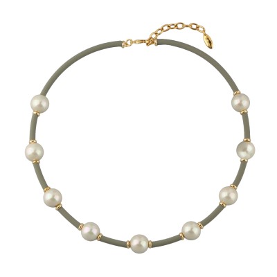 Колье Гевея (Майорка 14мм медовая роса, каучук оливковый; покрытие золото) 42-47см, Есть комплект