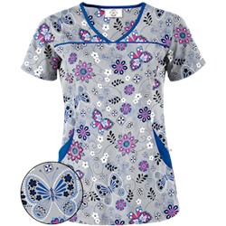 Happy Scrubs® Butterfly Breeze Silver Print Scrub Top
