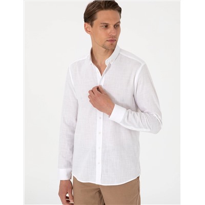 Beyaz Keten Görünümlü Slim Fit Uzun Kollu Gömlek