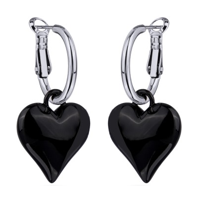 Серьги Сердцебиение (2, 5см, эмаль черная; покрытие родий), Есть комплект