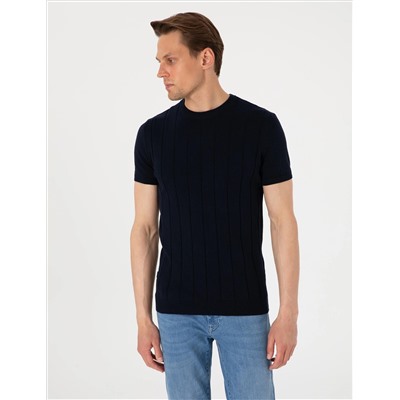 Lacivert Slim Fit %100 Pamuk Bisiklet Yaka Triko Tişört