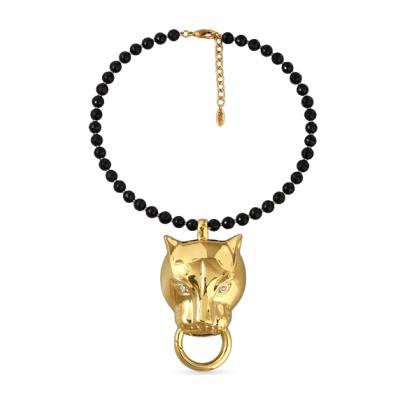 Колье Пантера (кристаллы SW, агат черный 8мм; покрытие золото) 42-47см, Есть комплект