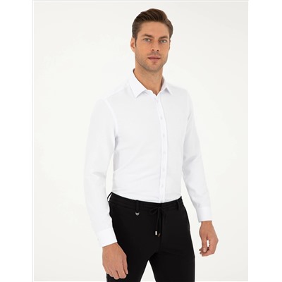 Beyaz Slim Fit Armürlü Uzun Kollu Gömlek