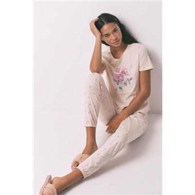 Pijama largo 100% algodón flores rosa