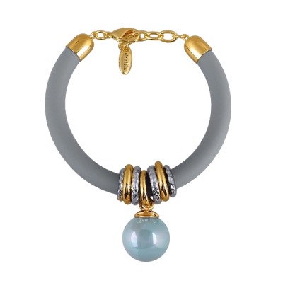 Браслет Гевея (Майорка 16мм голубая, каучук серый; покрытие золото) 19-22см, Есть комплект