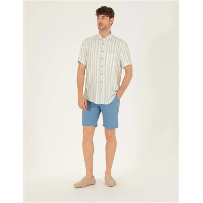 Koyu Mavi Slim Fit Keten Karışımlı Beli Lastikli Bermuda Şort